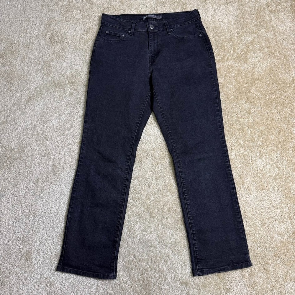 Levis 505 Jeans Womens 8S Short Straight Leg Black Stretch Denim Dark Wash